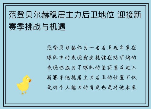 范登贝尔赫稳居主力后卫地位 迎接新赛季挑战与机遇