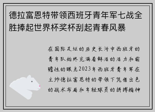 德拉富恩特带领西班牙青年军七战全胜捧起世界杯奖杯刮起青春风暴